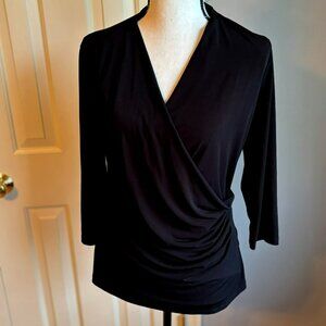 Jones Studio Long Sleeved Faux Wrap Front Black Blouse, Size Medium